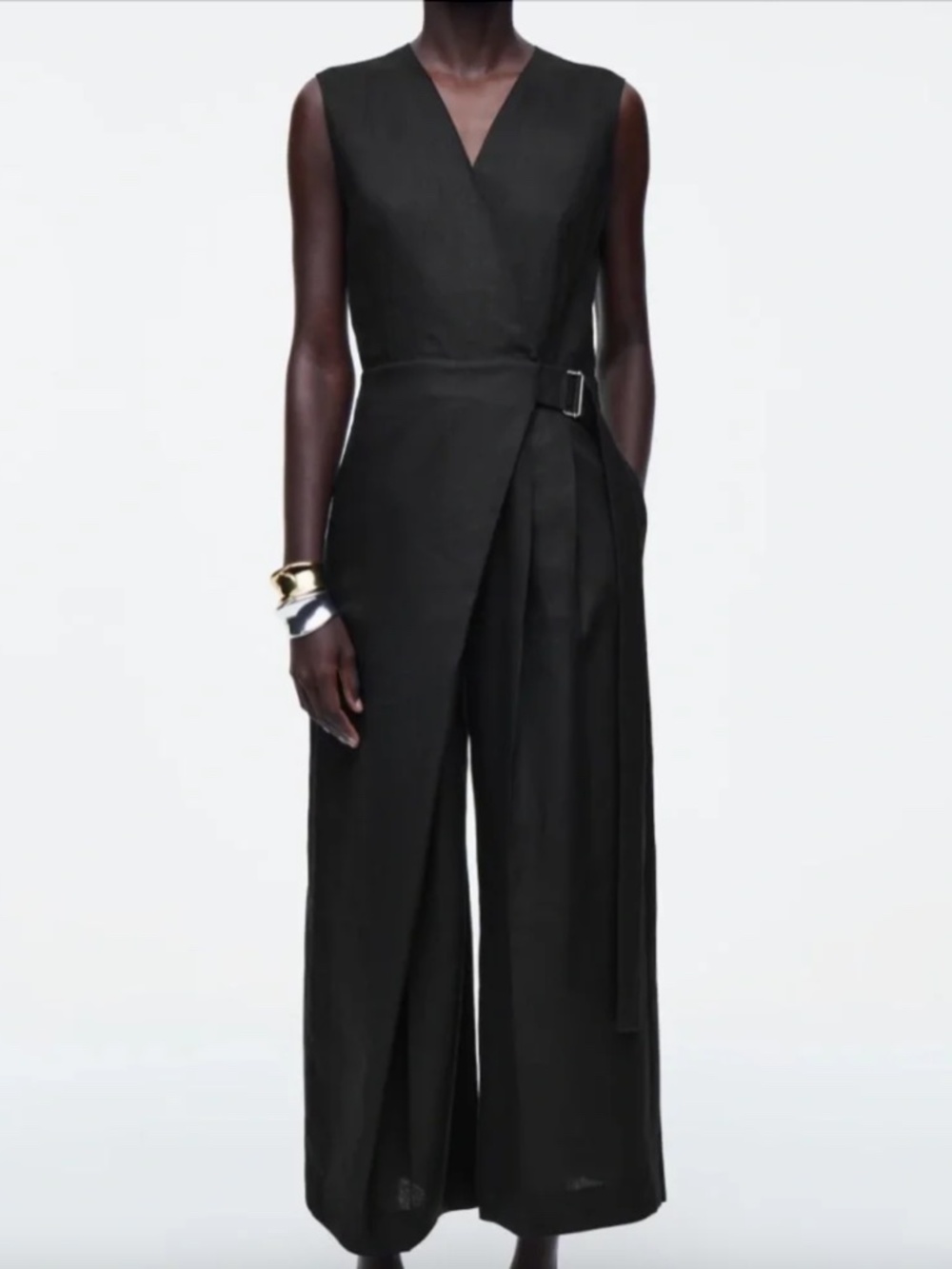 COS Black Sleeveless Wrap-Front Linen Jumpsuit, Size 6, Minimalist